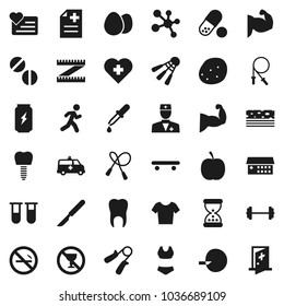 Flat vector icon set - egg vector, potato, diet, barbell, measuring, jump rope, hand trainer, muscule, swimsuite, t shirt, skateboard, pills, enegry drink, molecule, breads, shuttlecock, smoking