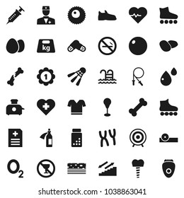 Flat vector icon set - egg vector, potato, heart pulse, pills vial, jump rope, punching bag, fitball, snickers, t shirt, roller Skates, target, medal, stairways run, breads, shuttlecock, pool, cross
