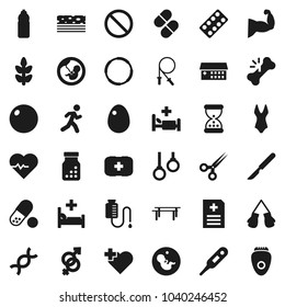Flat vector icon set - egg vector, heart pulse, jump rope, horizontal bar, fitball, muscule hand, boxing glove, swimsuite, pills, water bottle, cereals, breads, prohibition sign, cross, hoop, run