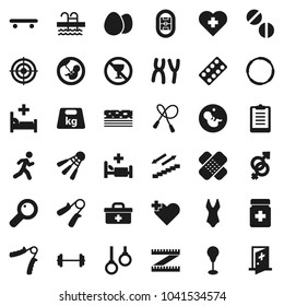 Flat vector icon set - egg vector, barbell, measuring, clipboard, jump rope, hand trainer, punching bag, swimsuite, skateboard, target, stairways run, breads, shuttlecock, pool, no alcohol sign