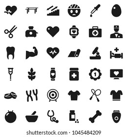 Flat vector icon set - egg vector, microscope, heart pulse, pills vial, jump rope, horizontal bar, fitball, muscule hand, t shirt, target, medal, monitor, stairways run, fitness mat, cereals, bone
