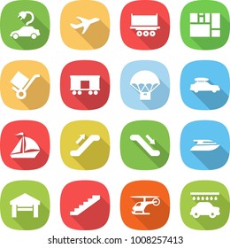 flat vector icon set - electric car vector, plane, truck shipping, consolidated cargo, trolley, railroad, parachute delivery, baggage, sail boat, escalator, yacht, garage, stairs, helicopter, wash