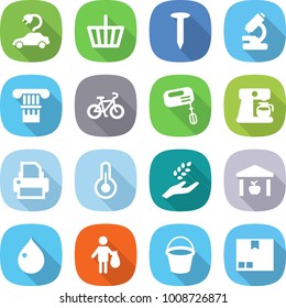 flat vector icon set - electric car vector, basket, nail, microscope, column, bike, mixer, coffee maker, printer, thermometer, harvest, warehouse, drop, trash, bucket, package