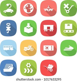 flat vector icon set - electric car vector, globe, plane, do not trolley sign, hook, package, railroad shipping, transporter tape, bus, motorcycle, ticket, jet ski, cruise ship, conveyor