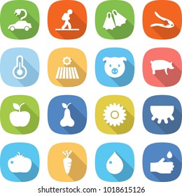 flat vector icon set - electric car vector, tourist, flippers, walnut crack, thermometer, field, pig, apple, pear, flower, udder, tomato, carrot, drop, hand