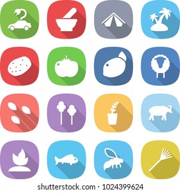flat vector icon set - electric car vector, mortar, tent, island, potato, tomato, lemon, sheep, seeds, trees, seedling, sprouting, fish, wasp, rake