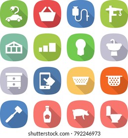 flat vector icon set - electric car vector, basket, dropper, tower crane, greenhouse, sorting, bulb, sink, nightstand, touchscreen, colander, meat hammer, ketchup, pig, toilet