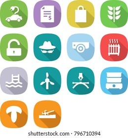 flat vector icon set - electric car vector, account balance, shopping bag, spikelets, unlock, confidential, surveillance camera, radiator, pool, windmill, drawing pen, double boiler, mushroom