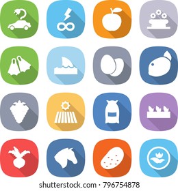 flat vector icon set - electric car vector, infinity power, apple, flower bed, flippers, shark flipper, eggs, lemon, berry, field, flour, seedling, beet, horse, potato, ecology