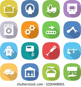 flat vector icon set - electrostatic vector, tomography, fork loader, atm, washing machine, gears, conveyor, robot hand, mixer, blender, plow, trash truck, utility room, powder, dryer