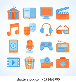 Flat vector icon set of entertainment symbols, multimedia design elements and video  signs and buttons