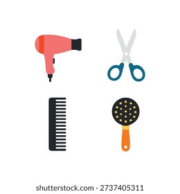 A flat vector icon set of essential hair salon tools including a hair dryer, scissors, comb, and hairbrush. Clean, simple, and colorful design suitable for barbershops, beauty salons, hairstylist branding, haircut services, grooming icons, hair care products, mobile apps, websites, and promotional graphics. Perfect for professional and commercial use.