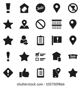 Flat vector icon set - exam vector, clipboard, prohibition sign, no alcohol, map pin, attention, traking, finger up, favorites, login, smart home, star, sale