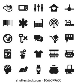 Flat vector icon set - exam vector, heart monitor, fitness mat, cargo, no hook, antenna, settings, dialog, ambulance star, pregnancy, head bandage, connect, message, pond, pool, low price signboard