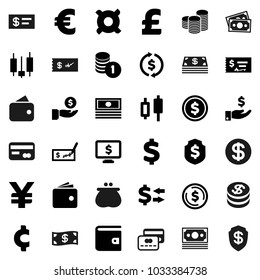 Flat vector icon set - exchange vector, dollar coin, japanese candle, wallet, cash, investment, stack, check, shield, monitor, any currency, euro sign, pound, yen, cent, money, credit card