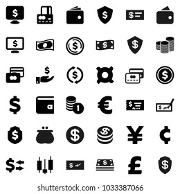 Flat vector icon set - exchange vector, dollar coin, japanese candle, credit card, wallet, cash, investment, stack, check, shield, monitor, any currency, euro sign, pound, yen, cent