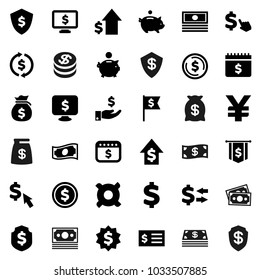 Flat vector icon set - exchange vector, dollar coin, cash, money bag, piggy bank, investment, growth, receipt, medal, flag, shield, calendar, monitor, cursor, any currency, yen sign
