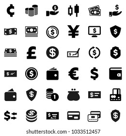 Flat vector icon set - exchange vector, dollar coin, japanese candle, credit card, wallet, investment, stack, check, shield, monitor, euro sign, pound, yen, cent, money, cash
