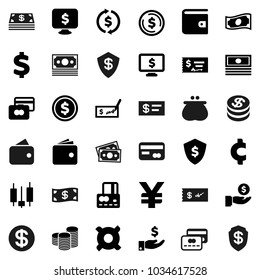 Flat vector icon set - exchange vector, dollar coin, japanese candle, credit card, wallet, cash, investment, stack, check, shield, monitor, any currency, yen sign, cent, money