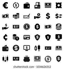 Flat vector icon set - exchange vector, dollar coin, japanese candle, credit card, wallet, cash, investment, stack, check, shield, monitor, any currency, euro sign, cent, money