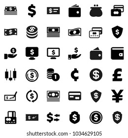 Flat vector icon set - exchange vector, dollar coin, japanese candle, credit card, wallet, cash, investment, stack, check, shield, monitor, pound, yen sign, cent, money