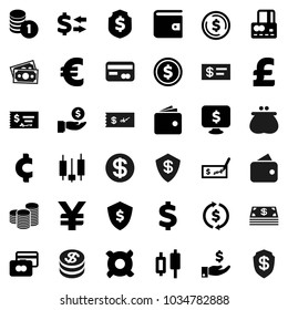 Flat vector icon set - exchange vector, dollar coin, japanese candle, credit card, wallet, investment, stack, check, shield, monitor, any currency, euro sign, pound, yen, cent, money, cash