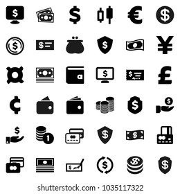 Flat vector icon set - exchange vector, dollar coin, japanese candle, credit card, wallet, cash, investment, stack, check, shield, monitor, any currency, euro sign, pound, yen, cent, money