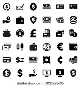 Flat vector icon set - exchange vector, dollar coin, japanese candle, credit card, wallet, cash, investment, stack, check, shield, monitor, any currency, euro sign, pound, cent, money