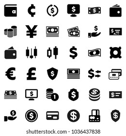 Flat vector icon set - exchange vector, dollar coin, japanese candle, credit card, wallet, cash, investment, stack, check, shield, monitor, any currency, euro sign, pound, yen, cent, money