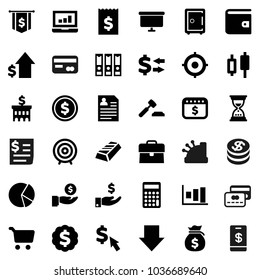 Flat vector icon set - exchange vector, dollar coin, graph, gold ingot, pie, cart, japanese candle, laptop, wallet, money bag, case, investment, growth, auction, bank building, calculator, receipt