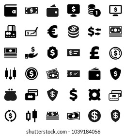 Flat vector icon set - exchange vector, dollar coin, japanese candle, credit card, wallet, cash, investment, stack, check, shield, monitor, any currency, euro sign, pound, money
