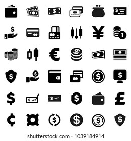 Flat vector icon set - exchange vector, dollar coin, japanese candle, credit card, wallet, cash, investment, stack, check, shield, monitor, any currency, euro sign, pound, yen, cent, money