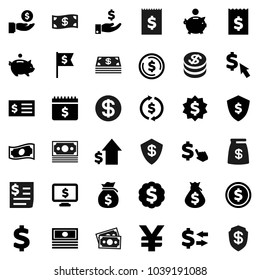 Flat vector icon set - exchange vector, dollar coin, cash, money bag, piggy bank, investment, growth, receipt, medal, flag, shield, calendar, monitor, cursor, yen sign