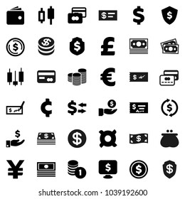Flat vector icon set - exchange vector, dollar coin, japanese candle, credit card, wallet, cash, investment, stack, check, shield, monitor, any currency, euro sign, pound, yen, cent, money