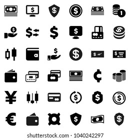 Flat vector icon set - exchange vector, dollar coin, japanese candle, credit card, wallet, cash, investment, stack, check, shield, monitor, any currency, euro sign, yen, cent, money