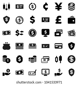Flat vector icon set - exchange vector, dollar coin, japanese candle, credit card, wallet, cash, investment, stack, check, shield, monitor, pound, yen sign, cent, money