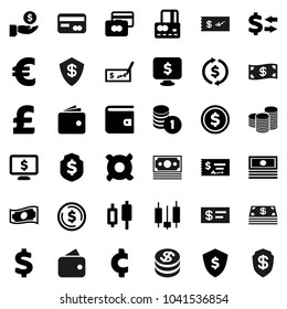 Flat vector icon set - exchange vector, dollar coin, japanese candle, credit card, wallet, cash, investment, stack, check, shield, monitor, any currency, euro sign, pound, cent, money