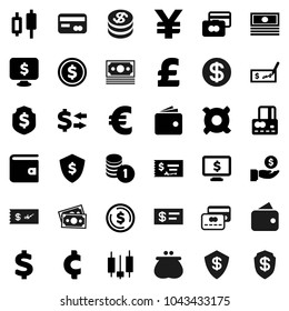 Flat vector icon set - exchange vector, dollar coin, japanese candle, credit card, wallet, cash, investment, stack, check, shield, monitor, any currency, euro sign, pound, yen, cent, money