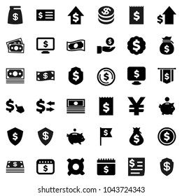 Flat vector icon set - exchange vector, dollar coin, cash, money bag, piggy bank, investment, growth, receipt, medal, flag, shield, calendar, monitor, cursor, any currency, yen sign