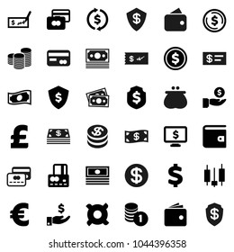 Flat vector icon set - exchange vector, dollar coin, japanese candle, credit card, wallet, cash, investment, stack, check, shield, monitor, any currency, euro sign, pound, money