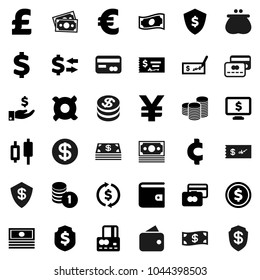Flat vector icon set - exchange vector, dollar coin, japanese candle, credit card, wallet, cash, investment, stack, check, shield, monitor, any currency, euro sign, pound, yen, cent, money