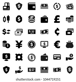 Flat vector icon set - exchange vector, dollar coin, japanese candle, credit card, wallet, cash, investment, stack, check, shield, monitor, any currency, euro sign, pound, yen, cent, money