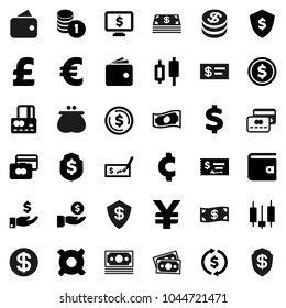Flat vector icon set - exchange vector, dollar coin, japanese candle, credit card, wallet, cash, investment, stack, check, shield, monitor, any currency, euro sign, pound, yen, cent, money