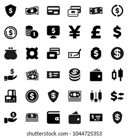 Flat vector icon set - exchange vector, dollar coin, japanese candle, credit card, wallet, cash, investment, stack, check, shield, monitor, any currency, pound, yen sign, money