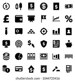 Flat vector icon set - exchange vector, graph, pie, japanese candle, wallet, piggy bank, dollar growth, coin stack, auction, annual report, receipt, target, binder, presentation board, flag, tie