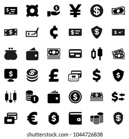 Flat vector icon set - exchange vector, dollar coin, japanese candle, credit card, wallet, cash, investment, stack, check, shield, monitor, any currency, euro sign, pound, yen, cent, money