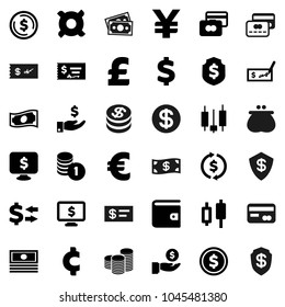Flat vector icon set - exchange vector, dollar coin, japanese candle, credit card, wallet, cash, investment, stack, check, shield, monitor, any currency, euro sign, pound, yen, cent, money