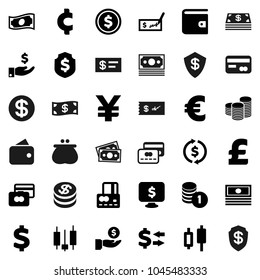 Flat vector icon set - exchange vector, dollar coin, japanese candle, credit card, wallet, cash, investment, stack, check, shield, monitor, euro sign, pound, yen, cent, money