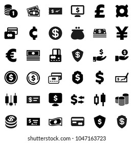 Flat vector icon set - exchange vector, dollar coin, japanese candle, credit card, cash, investment, stack, check, shield, monitor, any currency, euro sign, pound, yen, cent, money, wallet