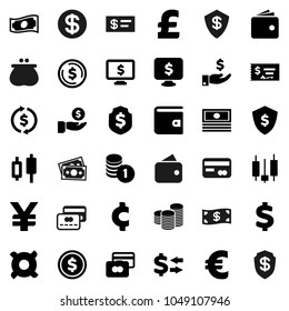 Flat vector icon set - exchange vector, dollar coin, japanese candle, credit card, wallet, cash, investment, stack, check, shield, monitor, any currency, euro sign, pound, yen, cent, money